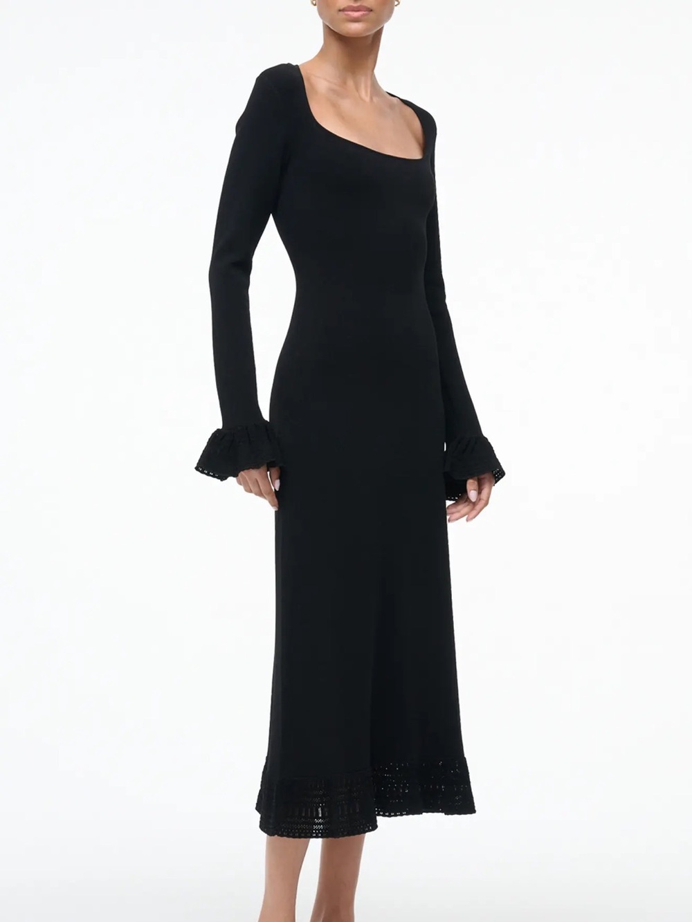 Staud Shelley Lace & Ruffle Long Sleeve Black Midi Length Dress Size XS NWOT